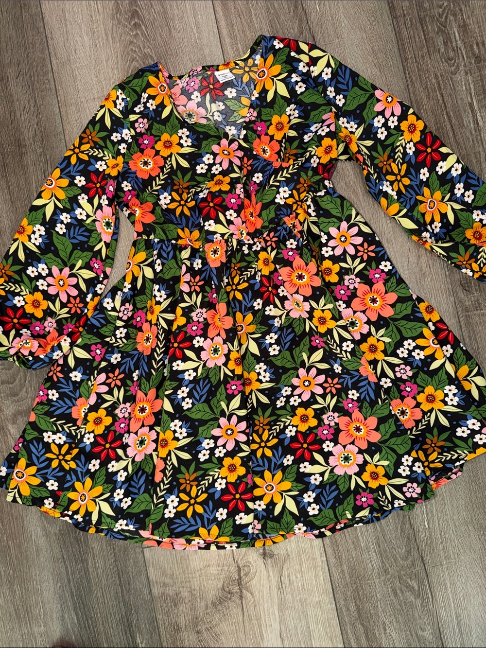 SHEIN Black Floral Long Sleeve Twirl Dress